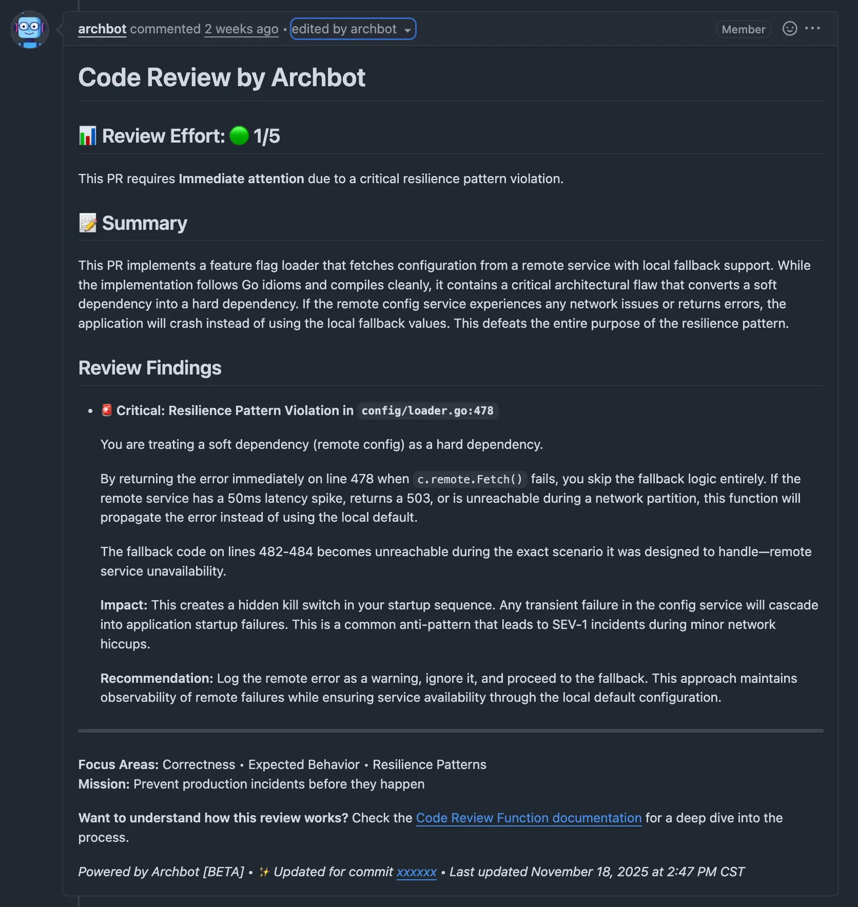 Example of PR review comment