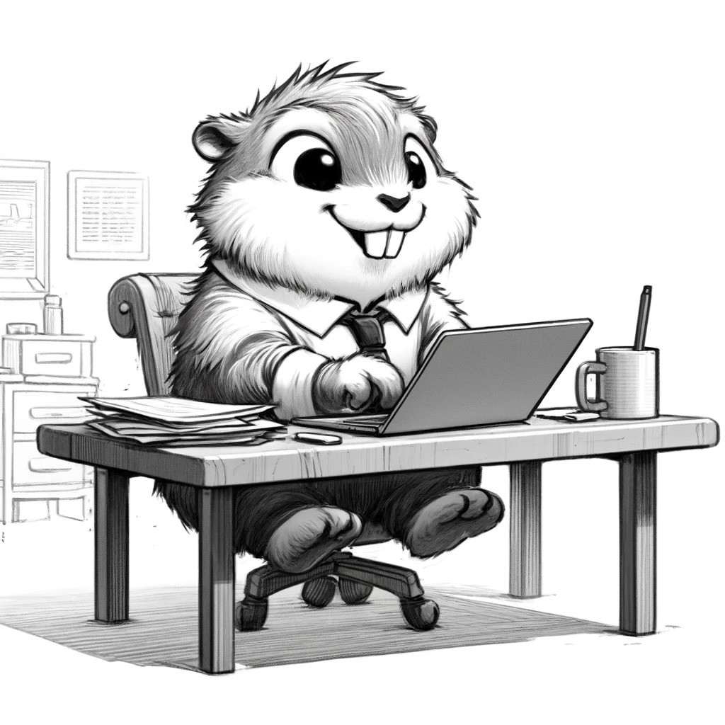 A determined gopher grinds away at work, intently focused at a cluttered desk in a charming black and white sketch.